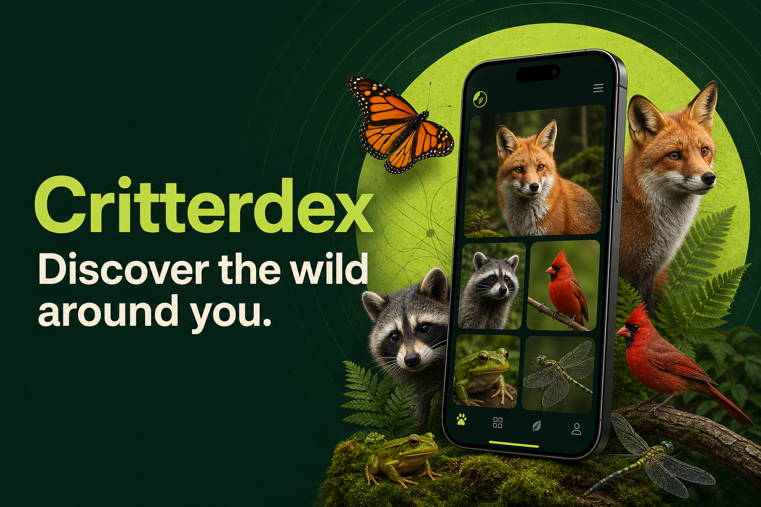 Critterdex with a fox, raccoon, cardinals, frog, dragonflies, and monarch butterfly