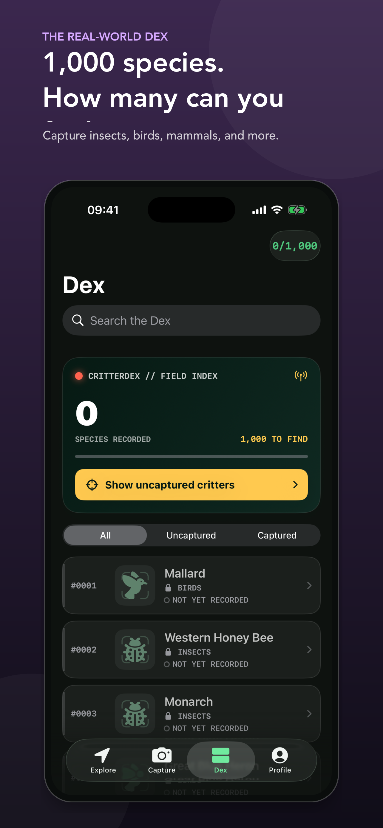 Critterdex personal Dex screen